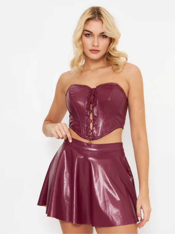 Bordeaux Desire Straplez Korse - ön bağcık detaylı bordo korse