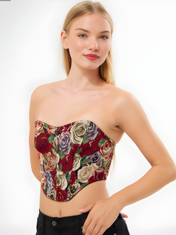 Rose Garden Straplez Korse - çiçek desenli straplez korse, Corset Noir